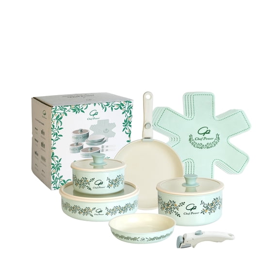 Chef Power 14pcs Nonstick Ceramic Cookware Set, Aquamarine Olive Branch Decals
