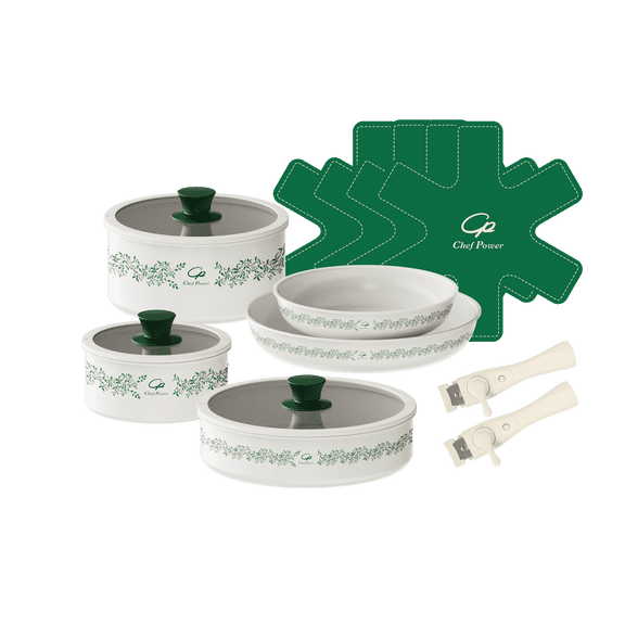 Chef Power 14pcs Nonstick Ceramic Cookware Set, Cream White Olive Branch Decals