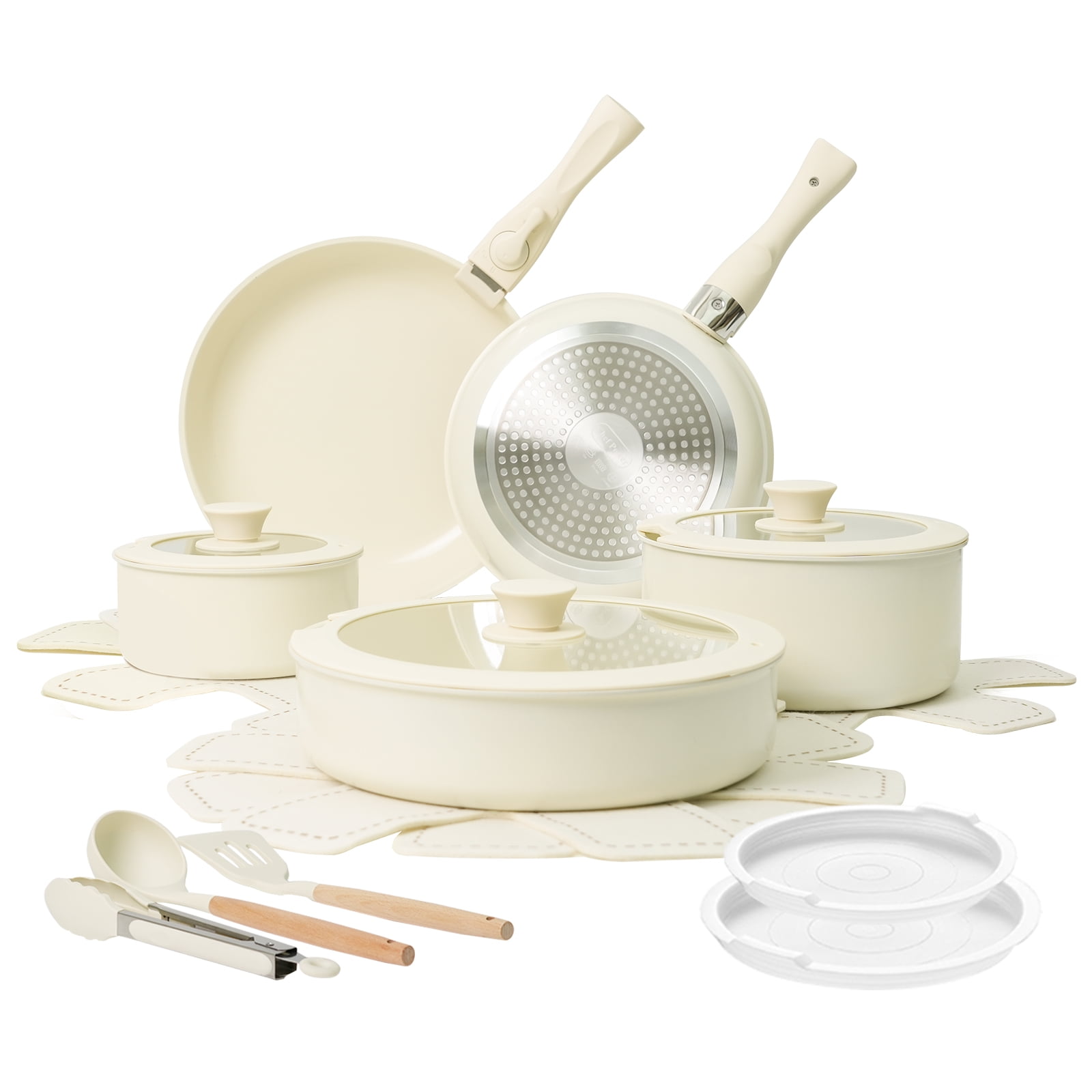 Cream White Ceramic Nonstick 19-Piece Cookware Set with Detachable Handle