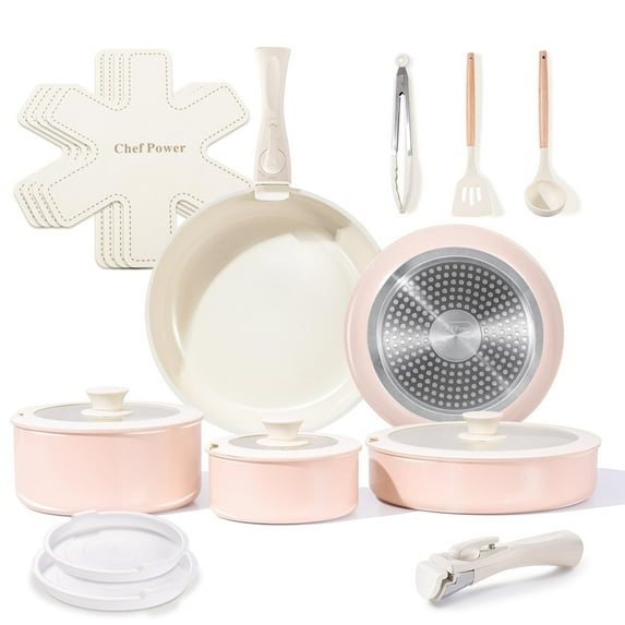 Chef Power 19pcs Pots and Pans Set, Nonstick Cookware Set, Ceramic Pan, Detachable Handle, RV Cookware Set, Induction Pan, Dishwasher, Oven Safe, Light Pink