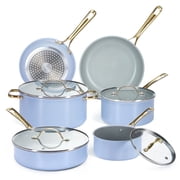 Chef Power 10 Pcs Ceramic Non Stick Cookware Sets, Pots and Pans Set with Stainless Steel Handle, Dishwasher and Oven Safe, Blue Gray with Light Gold Handle