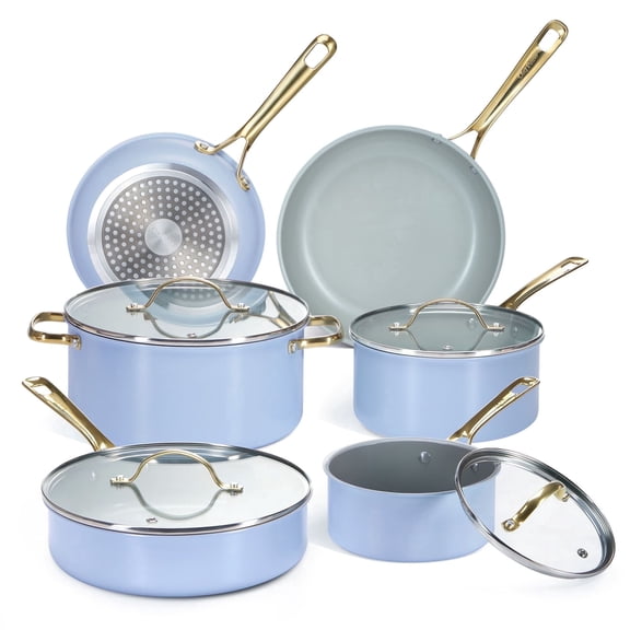 Chef Power 10 Pcs Ceramic Non Stick Cookware Sets, Pots and Pans Set with Stainless Steel Handle, Dishwasher and Oven Safe, Blue Gray with Light Gold Handle