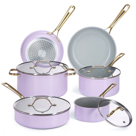 Chef Power 10 Pcs Ceramic Non Stick Cookware Sets, Pots and Pans Set with Stainless Steel Handle, Dishwasher and Oven Safe, Light Purple with Light Gold Handle