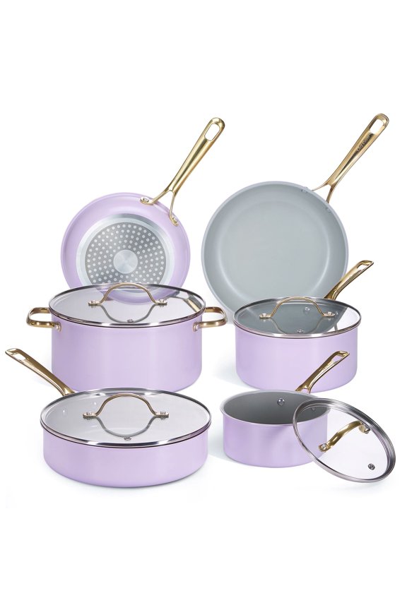 10 Pcs Ceramic Non Stick Cookware Sets, Pots and Pans Set with Stainless Steel Handle, Dishwasher and Oven Safe, Light Purple with Light Gold Handle