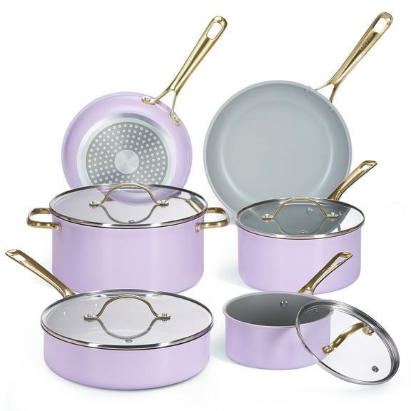 Chef Power Ceramic Cookware Sets, 10Pcs Pots and Pans Set Non Stick, Cookware Set with Stainless Steel Handle, Dishwasher & Oven Safe, Light purple with Granite Grey Handle