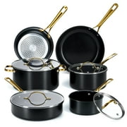 Chef Power Ceramic Cookware Sets, 10Pcs Pots and Pans Set Non Stick, Cookware Set with Stainless Steel Handle, Dishwasher & Oven Safe,Stone Black with Light Gold Handle