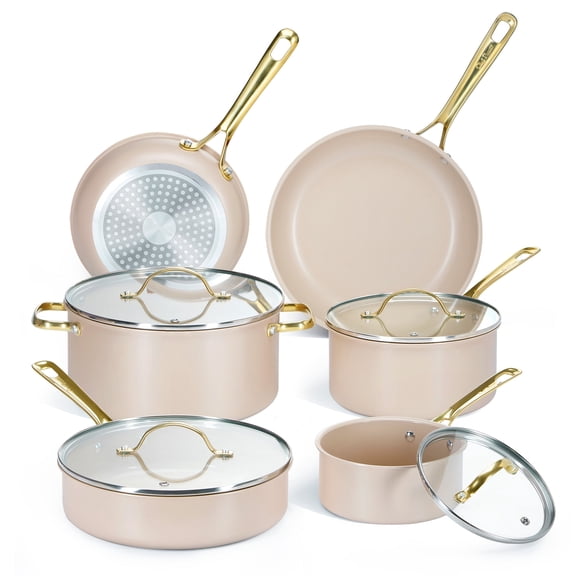 Chef Power Ceramic Cookware Sets, 10Pcs Pots and Pans Set Non Stick, Cookware Set with Stainless Steel Handle, Dishwasher & Oven Safe, Taupe with Light Gold Handle