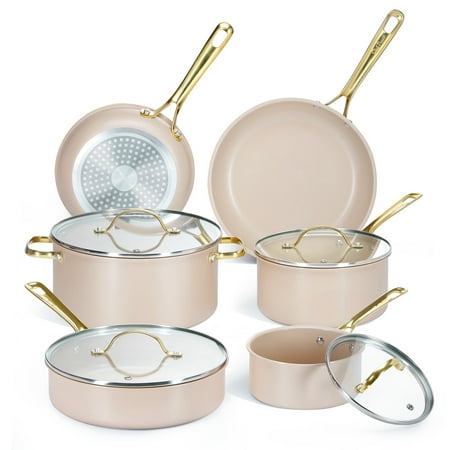 Chef Power Ceramic Cookware Sets, 10Pcs Pots and Pans Set Non Stick, Cookware Set with Stainless Steel Handle, Dishwasher & Oven Safe, Taupe with Light Gold Handle