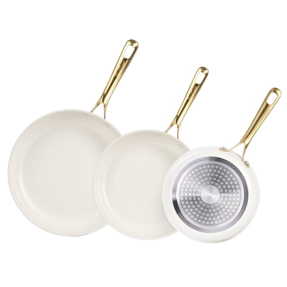 Chef Power 3 Pcs Non-Stick Ceramic Pots and Pans Set, with Stainless Steel Light Gold Handles, Cream White, Dishwasher and Oven Safe