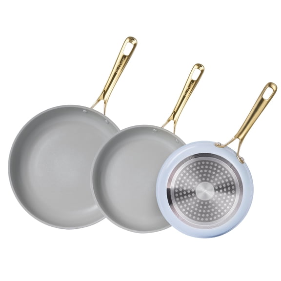 Chef Power 3 Pcs Non-Stick Ceramic Pots and Pans Set, with Stainless Steel & Light Gold Handles, Light Blue, Dishwasher and Oven Safe