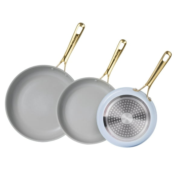 Chef Power 3 Pcs Non-Stick Ceramic Pots and Pans Set, with Stainless Steel & Light Gold Handles, Light Blue, Dishwasher and Oven Safe