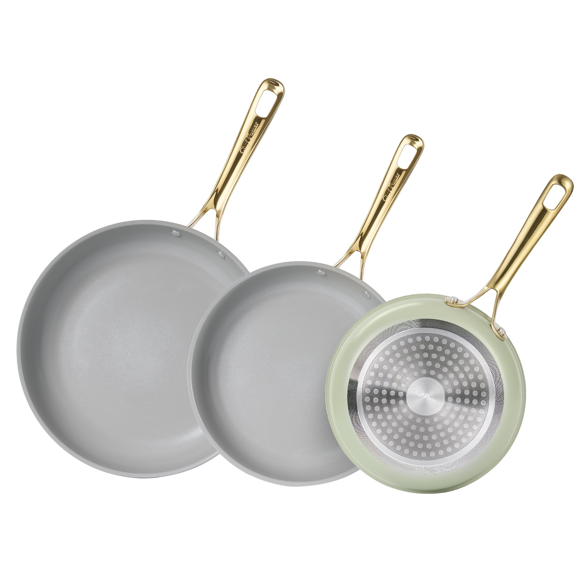 Chef Power 3 Pcs Non-Stick Ceramic Pots and Pans Set, with Stainless Steel Light Gold Handles, Sage Green, Dishwasher and Oven Safe