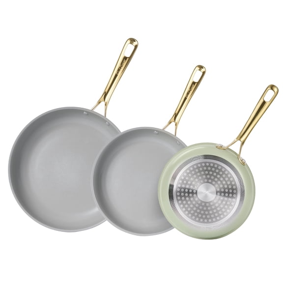 Chef Power 3 Pcs Non-Stick Ceramic Pots and Pans Set, with Stainless Steel Light Gold Handles, Sage Green, Dishwasher and Oven Safe