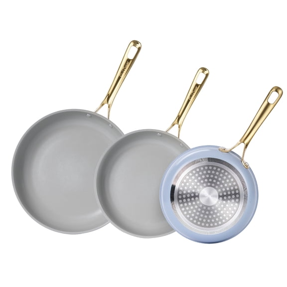Chef Power 3 Pcs Non-Stick Ceramic Pots and Pans Set, with Stainless Steel Light Gold Handles, Blue, Dishwasher and Oven Safe