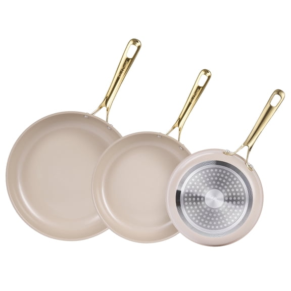 Chef Power Ceramic Non Stick Cookware Sets, 3Pcs Pans Set with Stainless Steel Handle Taupe