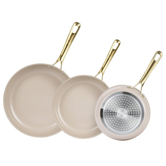 Chef Power Ceramic Non Stick Cookware Sets, 3Pcs Pans Set with Stainless Steel Handle Taupe