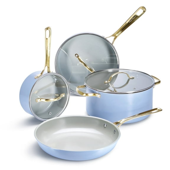 Chef Power 7 Pcs Ceramic Cookware Sets, Non-Stick Pots and Pans Set with Stainless Steel Handles, Dishwasher and Oven Safe, Blue Gray with Light Gold Handles