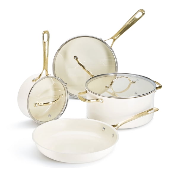 Chef Power 7 Pcs Ceramic Cookware Sets, Non-Stick Pots and Pans Set with Stainless Steel Handles, Dishwasher and Oven Safe, Cream White with Light Gold Handles