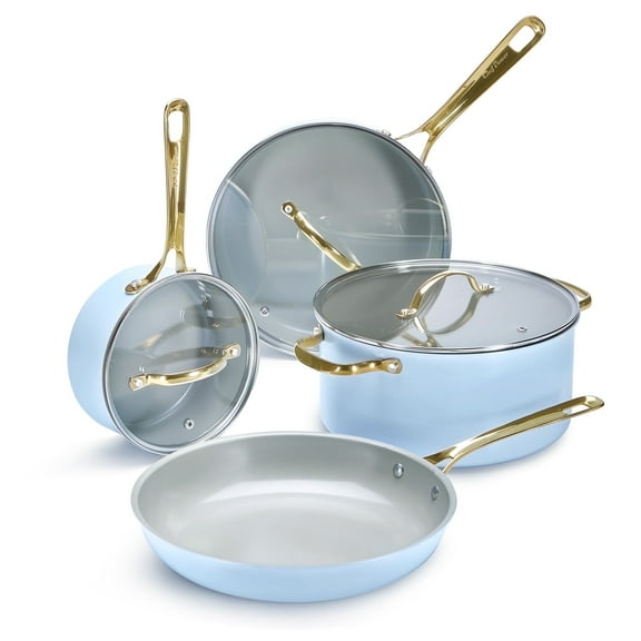Chef Power 7 Pcs Ceramic Cookware Sets, Non-Stick Pots and Pans Set with Stainless Steel Handles, Dishwasher and Oven Safe, Light Blue with Light Gold Handles