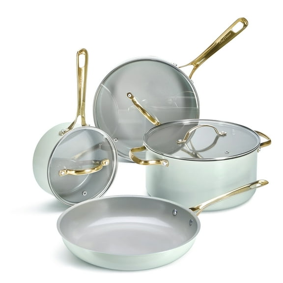 Chef Power 7 Pcs Ceramic Cookware Sets, Non-Stick Pots and Pans Set with Stainless Steel Handles, Dishwasher and Oven Safe, Sage Green with Light Gold Handles