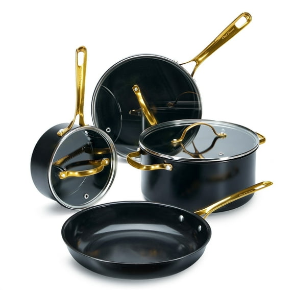 Chef Power 7 Pcs Ceramic Cookware Sets, Non-Stick Pots and Pans Set with Stainless Steel Handles, Dishwasher and Oven Safe, Stone Black with Light Gold Handles