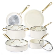 Chef Power 10 Pcs Ceramic Non Stick Cookware Sets, Pots and Pans Set with Stainless Steel Handle, Dishwasher and Oven Safe, Cream White with Light Gold Handle