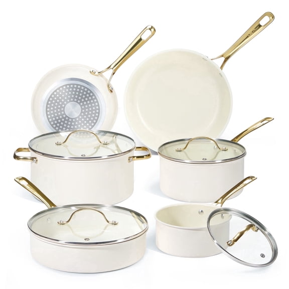 Chef Power 10 Pcs Ceramic Non Stick Cookware Sets, Pots and Pans Set with Stainless Steel Handle, Dishwasher and Oven Safe, Cream White with Light Gold Handle
