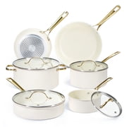 Chef Power 10 Pcs Ceramic Non Stick Cookware Sets, Pots and Pans Set with Stainless Steel Handle, Dishwasher and Oven Safe, Cream White with Light Gold Handle