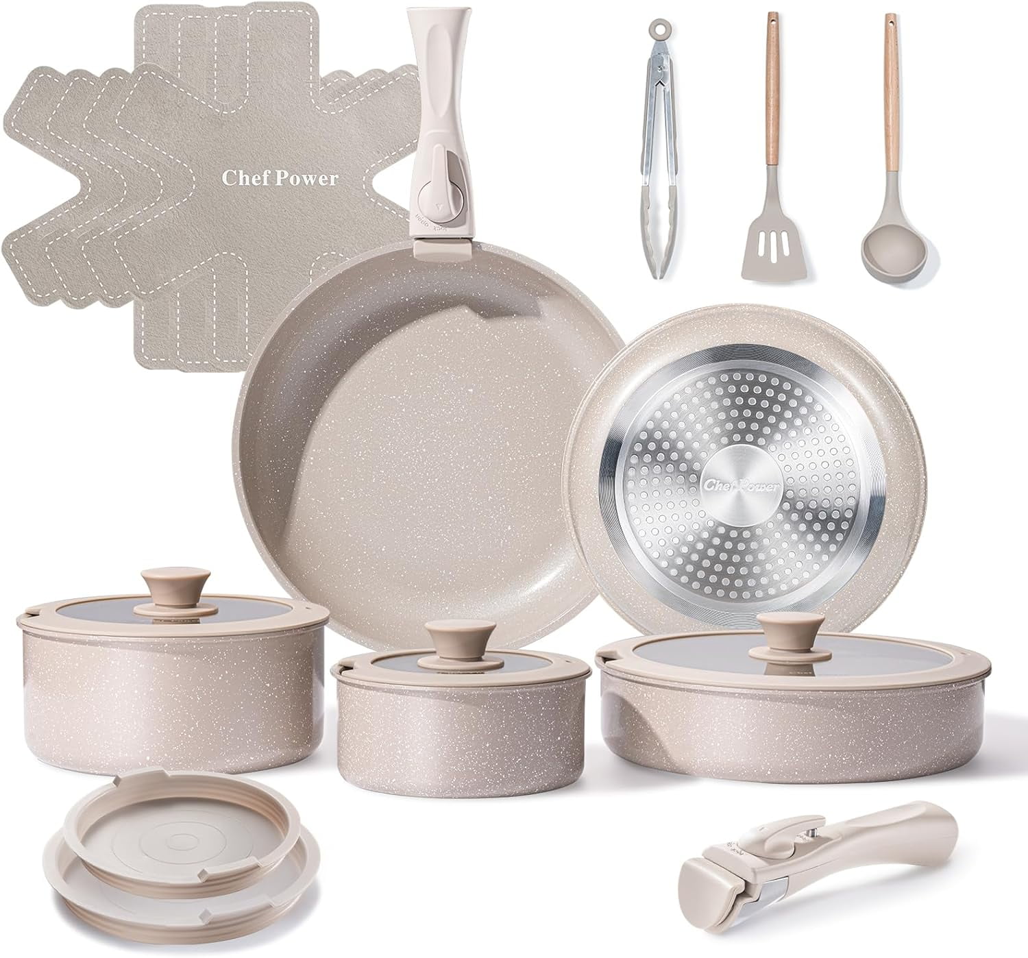 Chef Power Ceramic Nonstick Pots and Pans Set 19 Piece with Detachable ...