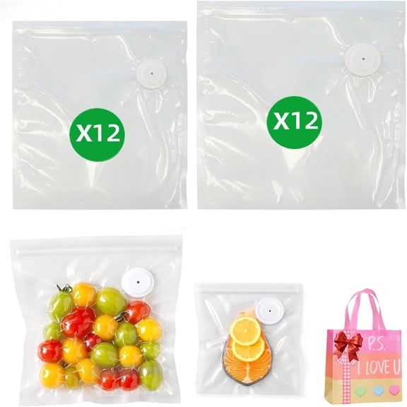 Chef Preserve 24 Reusable Vacuum Sealer Bags with Air Valve, Food Saver Bags for Sous Vide, Meal Prep & Food Storage, Leakproof Freezer Safe (12S+12L)