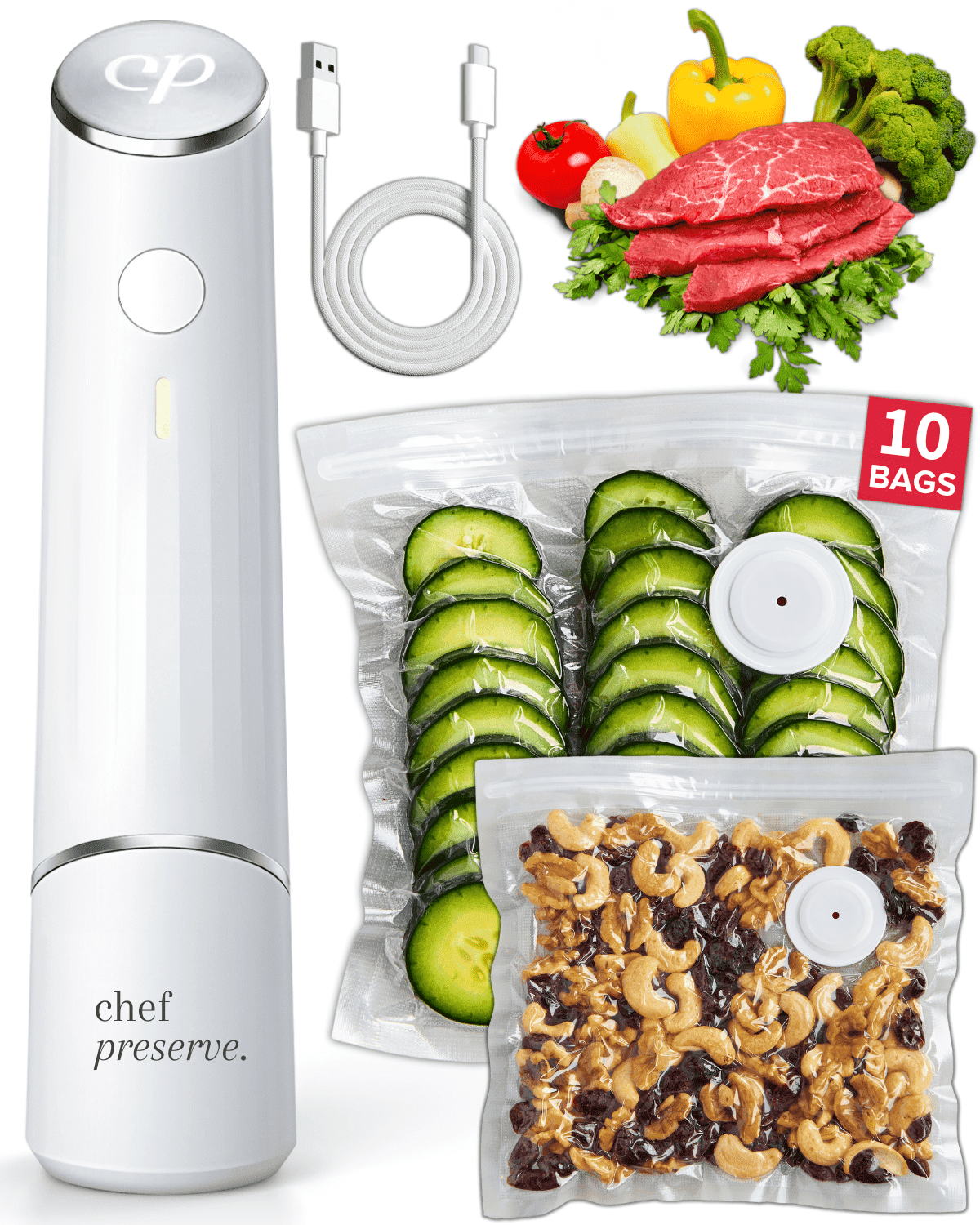Chef Preserve Compact Vacuum Sealer for Food (Vacuum Sealer Machine + 10 Reusable Vacuum Bags) Powerful Handheld Vacuum Sealer Machine, Seal Meal Saver, Portable Food Sealer