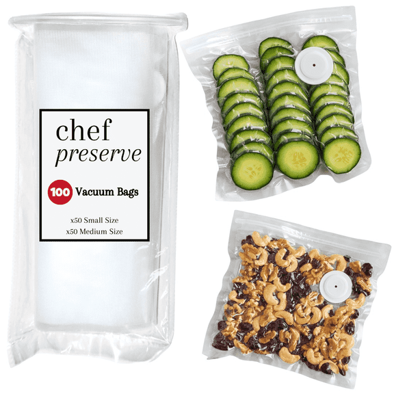 Chef Preserve Reusable Vacuum Sealer Bags for Food 100 BPA-Free Food Storage Bags, Freezer, Microwave Odor-Resistant, Leak-Proof Compatible with Chef Preserve Vacuum Sealers