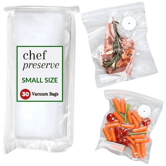 Chef Preserve Reusable Vacuum Sealer Bags for Food 30 BPA-Free Small (8 x 10 in) Food Storage Bags, Freezer, Microwave Odor-Resistant, Leak-Proof Compatible with Chef Preserve Vacuum Sealers