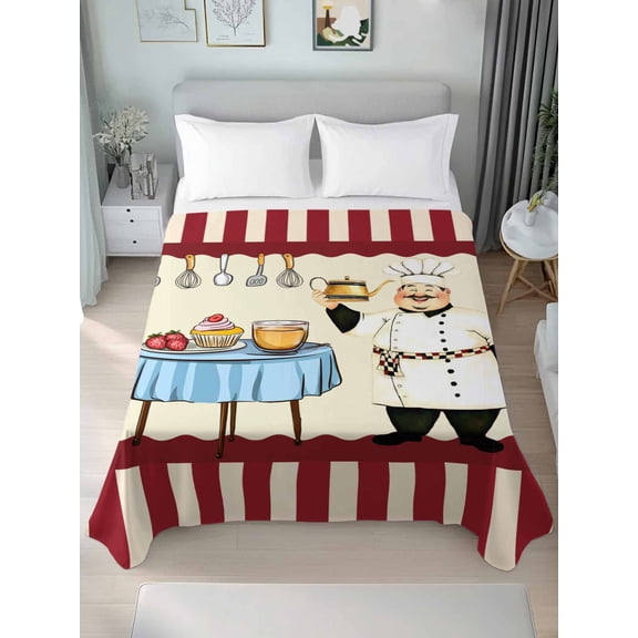 Chef Queen Size Flat Sheet, Wrinkleproof & Fadeproof Cooling Flat Bed Sheet Only, Red Fruit Cake Hat Kitchen Gourmet Vintage Breathable Soft Bedding Top Sheets 90 x 102 Inches