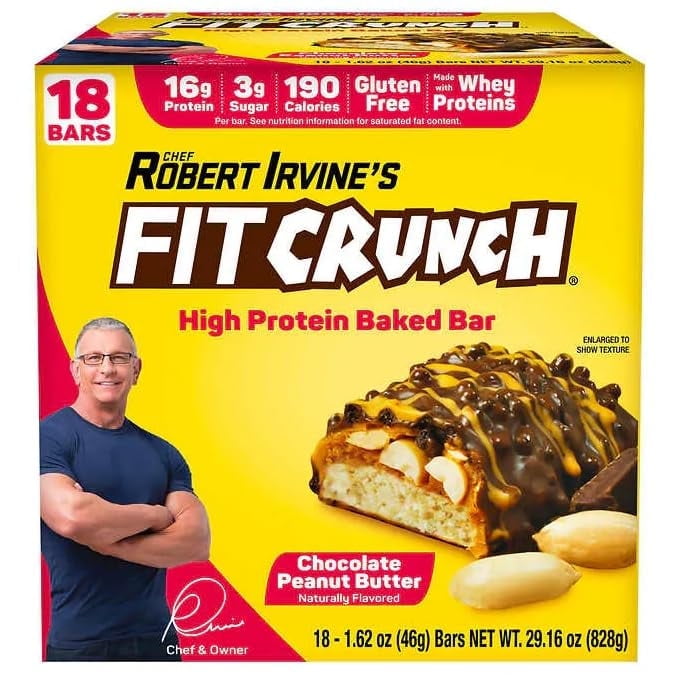 Chef Robert Irvines Fit Crunch Chocolate Peanut Butter Whey Protein Bars, 18-count, 1.62oz