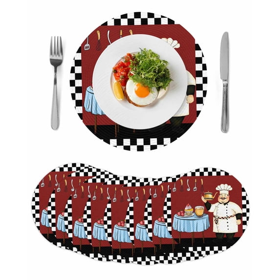 Chef Round 13 Inch Placemats Set of 8, Cartoon Red Food Cooking Black White Buffalo Check HeatResistant Non Slip Place Mats for Dining Table, Wipeable Braided Kitchen Table Mats for Housewarming
