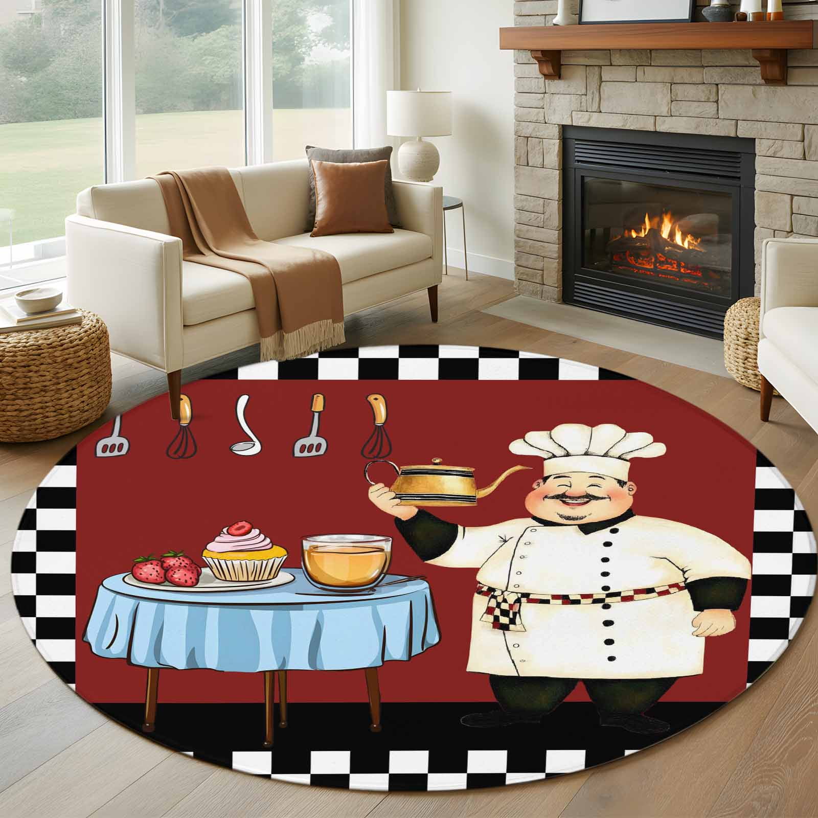 Chef Round Rug 5ft Washable Circle Kitchen Rugs Non Slip Cartoon Red ...
