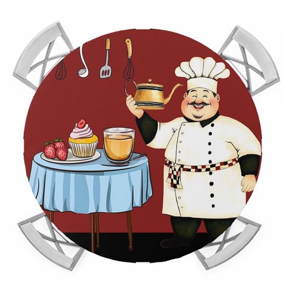 Chef Round Table Cover, Red Kitchen Dessert Food Black White Plaid Waterproof Fitted Tablecloths for 45"-54" Tables, Washable Picnic Table Cover for Camping Dining Indoor Outdoor