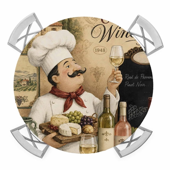 Chef Round Table Cover, Wine Bottles Grapes Cheese Rustic Farmhouse Waterproof Fitted Tablecloths for 45"-54" Tables, Washable Picnic Table Cover for Camping Dining Indoor Outdoor