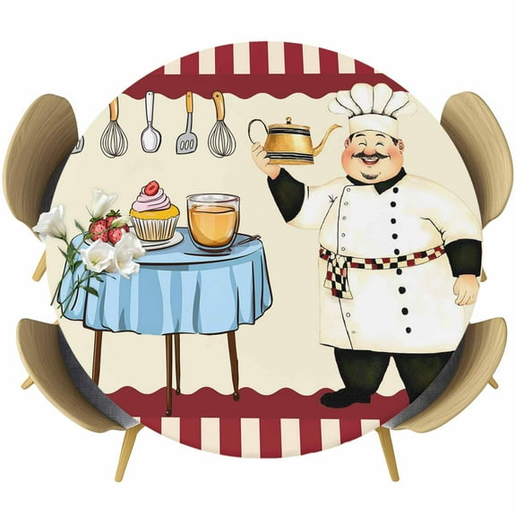 Chef Round Tablecloth 36-44 Inch Round Fitted Table Cloth with Elastic Edge, Red Fruit Cake Hat Kitchen Gourmet Vintage Waterproof Table Cover Protector for Outdoor Picnic Party Dining