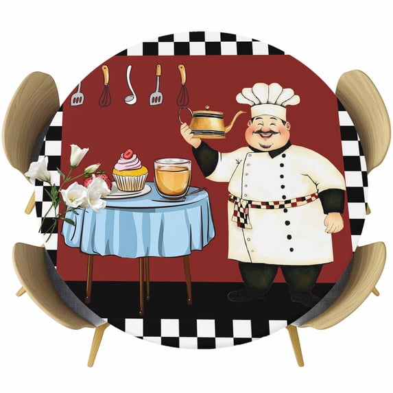 Chef Round Tablecloth, Fitted Table Cover with Elastic for 55"-60" Round Tables, Cartoon Red Food Cooking Black White Buffalo Check Table Cloth Outdoor Indoor Dinning Party Waterproof Tablecloths