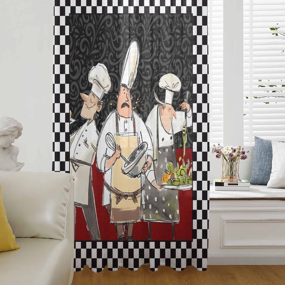Chef Semi Sheer Curtains Drapes for Living Room, Bedroom, French Doors Window 96 Inches Long, Cartoon Cute Watercolor Cooking Black Plaid Rod Pocket Chiffon Curtain Drapery Voile Draperies Panel