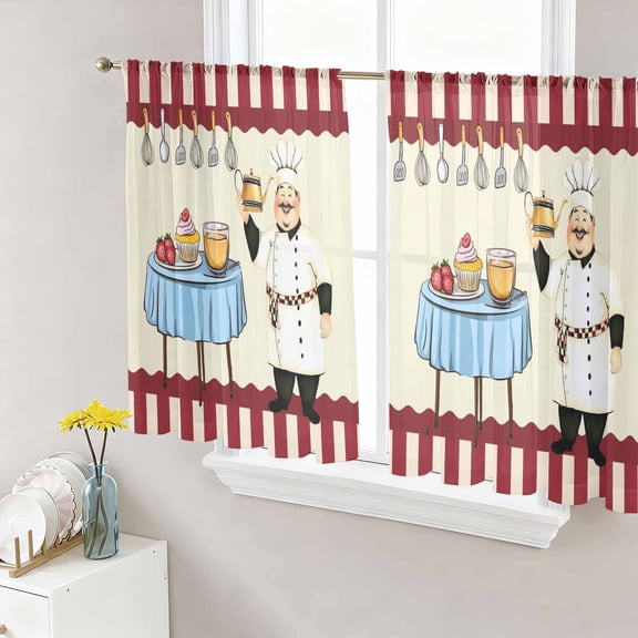 Chef Semi Sheer Window Curtains 45 Inches Long, Red Fruit Cake Hat Kitchen Gourmet Vintage Rod Pocket Voile Silky Chiffon Curtain Light Filtering Drapes for Living Room, Kitchen, 52"x45", 2 Panels