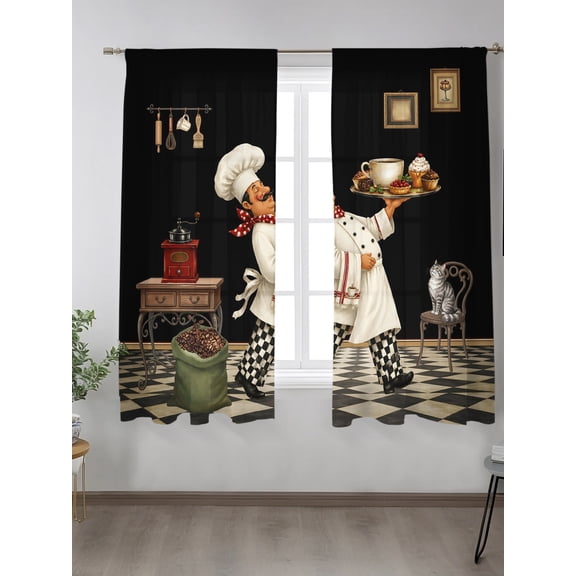 Chef Sheer Curtains 72 inches Long 2 Panels Set Rustic Country Boho Black Bistro Coffee Grinder Pastry Cat Tiers Sheers Rod Pocket Small Window Short Curtains for Kitchen Cafe, Each 52" W x 72" L