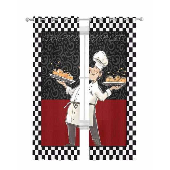 Chef Sheer Curtains 84 Inch Length 2 Panels Set for Living Room/Bedroom, Cartoon Cute Watercolor Cooking Red Black Kitchen Curtains Grommet Semi-Sheer Curtains Drapes Window Treatments 42"x84"x2