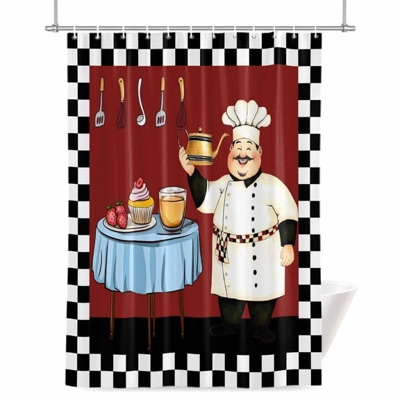Chef Shower Curtain, Red Kitchen Dessert Food Black White Plaid Waterproof Shower Curtain Set with 12 Hooks Lightweight Bath Curtains Fabric Bathroom Decor 72x72 Inches