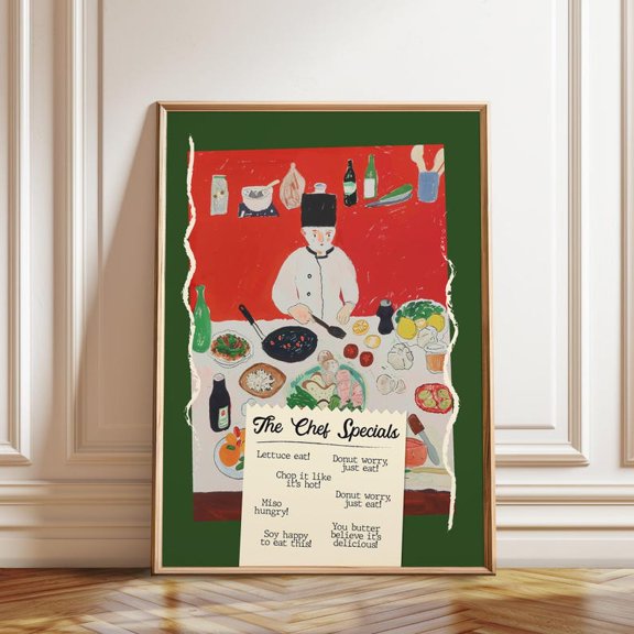 Chef Specials Wall Art Retro Food Pun, Unframed Paper Poster 8x10in