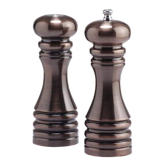 Chef Specialties Burnished Copper 7 Inch Pepper Mill & Salt Shaker Set with Blend Peppercorns