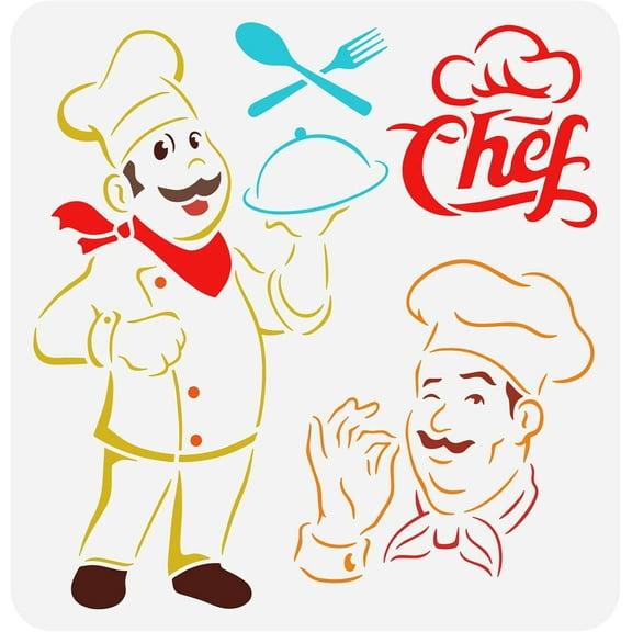 Chef Stencil 11.8x11.8 inch Chef Baker Cook Stencil Hollow Out Chef Hat Painting Stencil Chef Man Craft Stencils Plastic PET Fork Spoon Drawing Stencil for Kitchen Wall Tiles Decor White