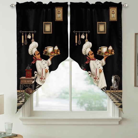 Chef Swag Curtain Valances for Kitchen, Rustic Country Boho Black Bistro Coffee Grinder Pastry Cat Rod Pocket Curtains Window Treatment Swag Valance for Bedroom Bathroom, 2 Panels 28 x 36 Inch